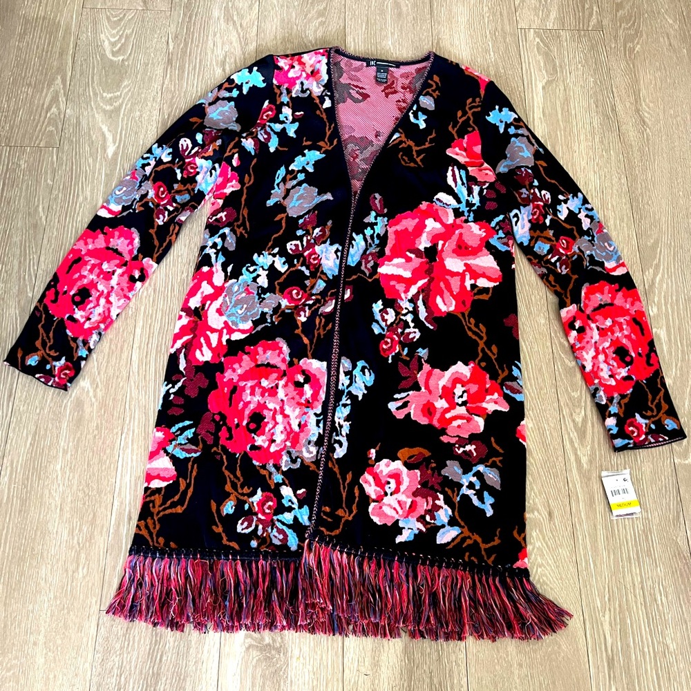 INC Concepts Floral Embroidered Open Front Long Fringed Cardigan Boho Sz. M NWT